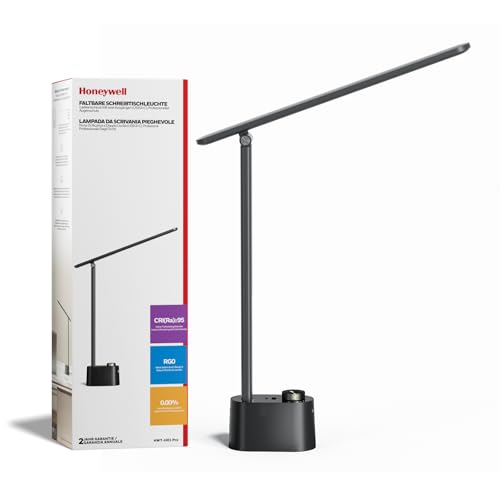 Schwarze Honeywell H01 Pro-Schreibtischlampe neben ihrer Verpackung