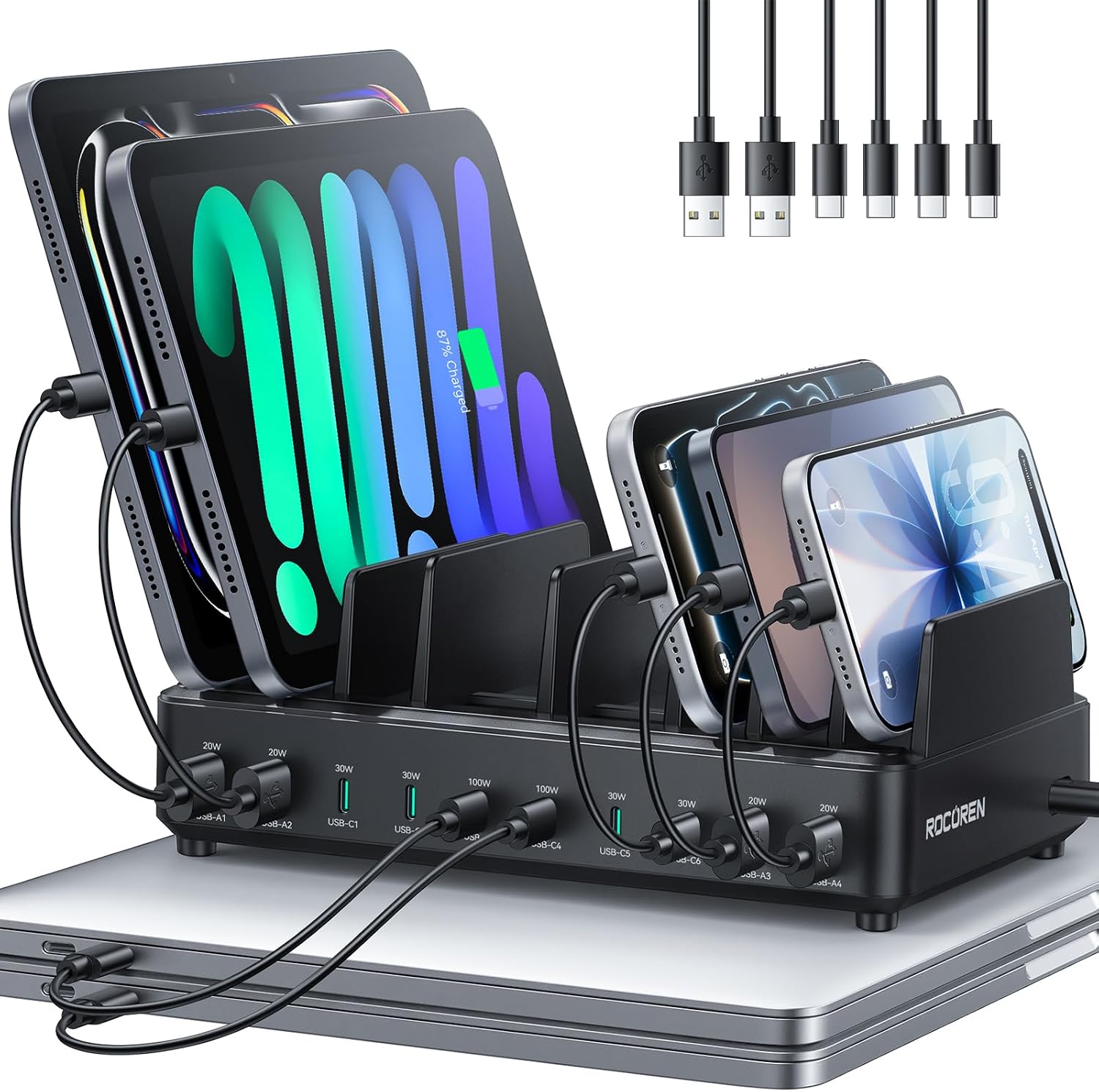 ROCOREN 400W-Ladestation mit Smartphones, Tablets, Laptop und Ladekabeln zur Veranschaulichung