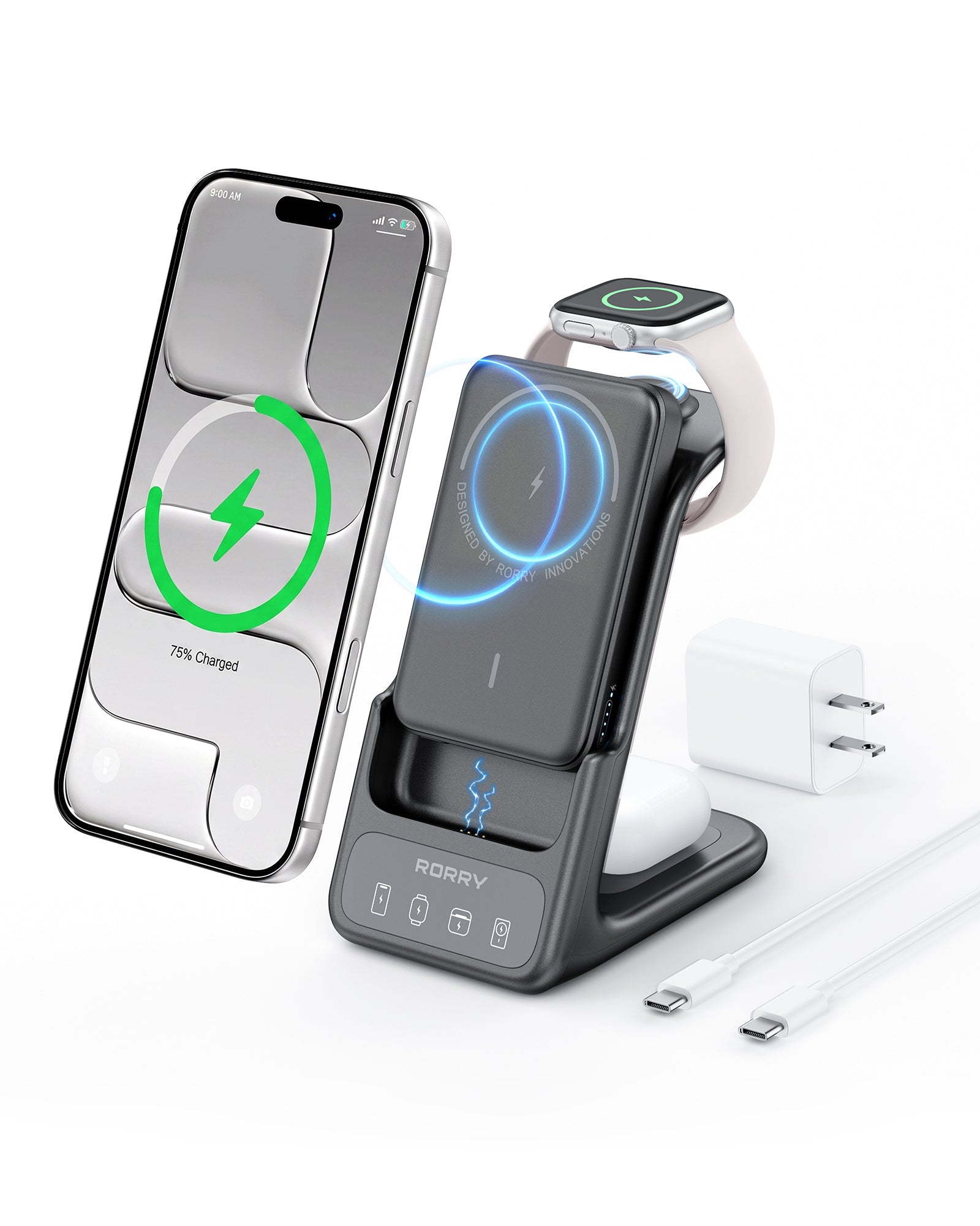 Dunkelgraue RORRY AuraDock 10000mAh-Station mit abnehmbarer magnetischer Batterie und dargestellten Apple-Geräten