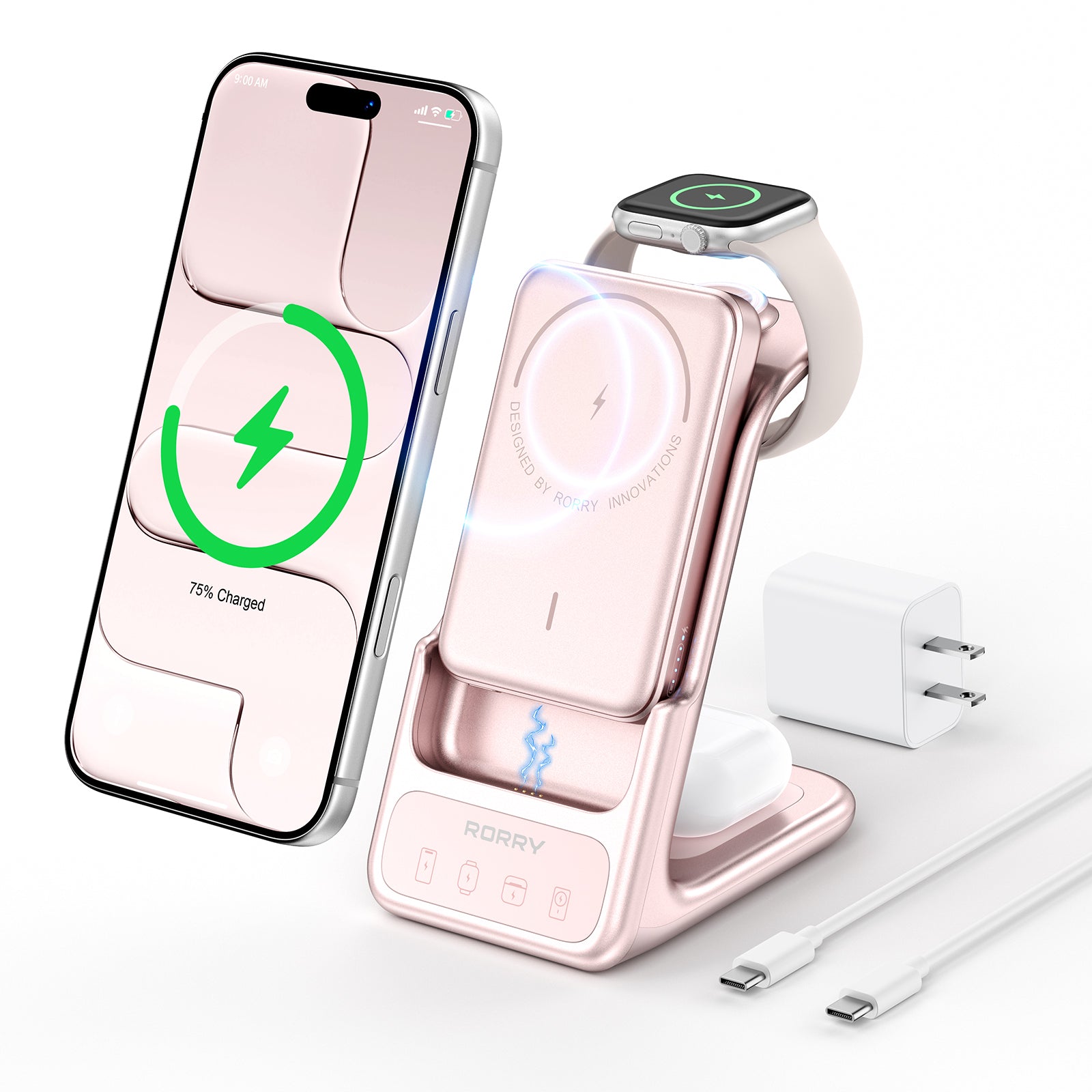 RORRY-Herstellerdarstellung der rosa AuraDock M2-5000 mit Telefon, Uhr und Ohrhörer-Ladecase