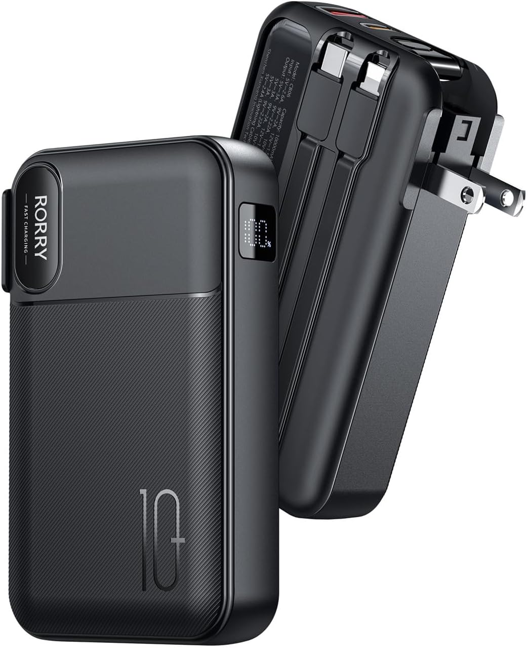 Schwarze RORRY-Powerbank mit 10000mAh, integrierten Kabeln und Klappstecker